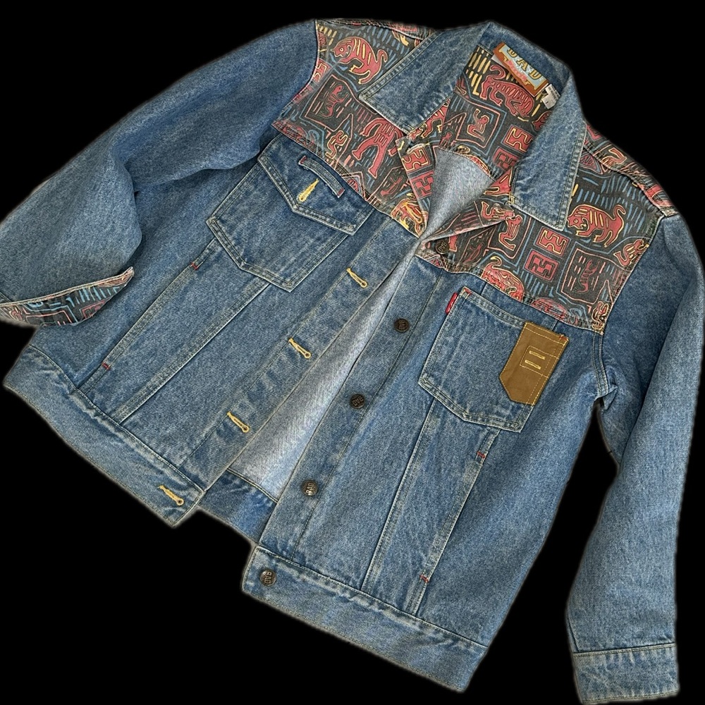 Vintage Denim Jacket with Colorful Pattern